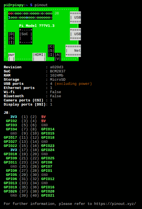 Pinout Command Output showing Pi Revision Number