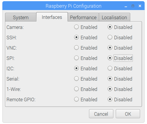 Raspberry Pi-configuratie - tabblad Interfaces - I2C