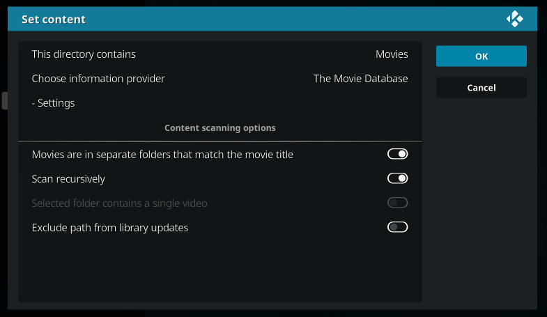 Kodi set content dialog box