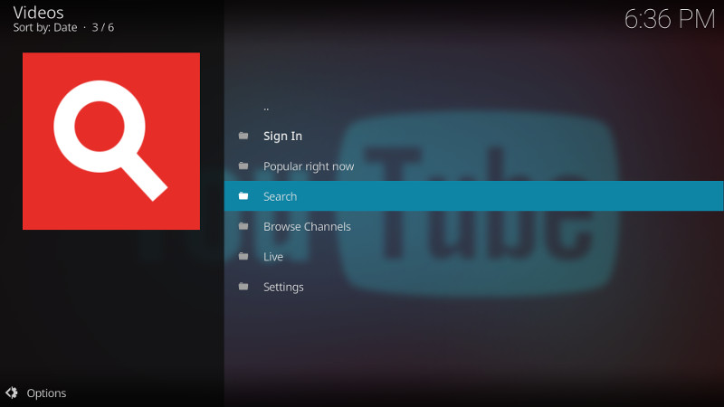 YouTube Kodi add-on menu