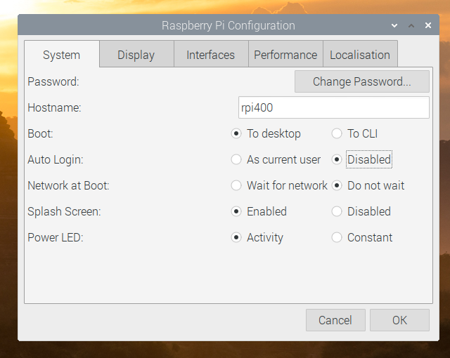 Raspberry Pi Configuration "System" options