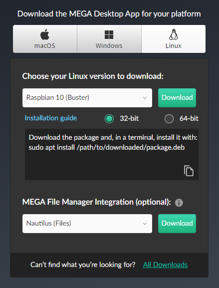 MEGA Desktop App download options