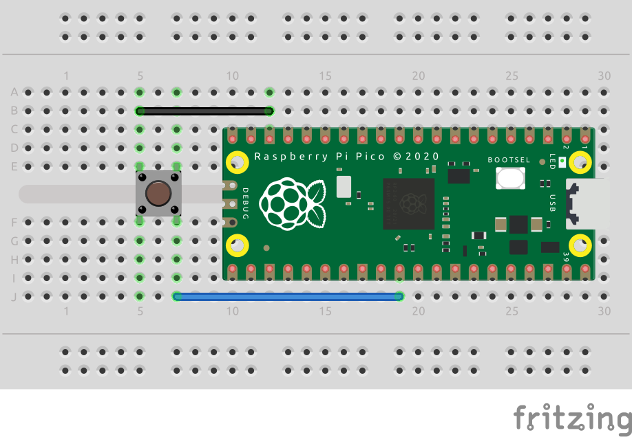 Pi Pico Reset Button shown on breadboard